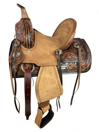 10" Double T Youth ranch style saddle with Two-Tone floral tooling